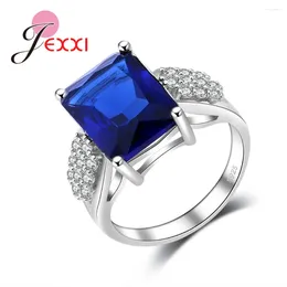 Cluster Rings Dark Blue Rectangle Cubic Zirconia 925 Sterling Silver For Girls/Women Anniversary Party Presents