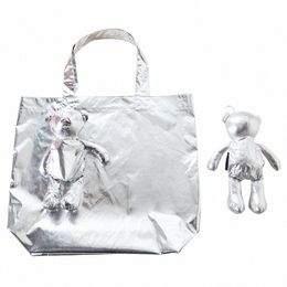 new Sier Bear Waterproof coating Reusable Portable Should Pocket Shop Bag Eco-friendly Folding Handbag Grocery Fold Bag I2u1#