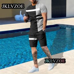 Summer Men gradient TShirt Tracksuit 2 Piece Sets Men Stripe Sports Short Sleeve Round Neck Casual Style All-Match Clothing Suit