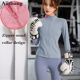 Aiithuug Women's Long Sleeves Sports Running Shirt Breathable Gym Workout Top Women's Yoga Jackets with Zipper with Finger Holes