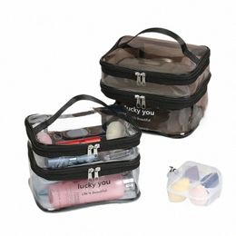 1pctransparent Double Layer Travel Cosmetic Bag Jelly Colour Large Capacity Cosmetic Case Fi Woman W Organiser Makeup Bag a3LU#