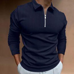 Mens Digital Printing Solid Stripe Zipper Polo Shirt Long Sleeve Top Golf Shirt Stripe Polo Fashion Polo T-shirt for Men 240318