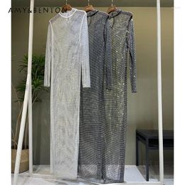 Casual Dresses Luxury Sheer Cutout Rhinestone Slim Fit Mesh Diamond Full Turtleneck Long-sleeve Long Dress Women's Clothes Vestidos