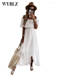 Casual Dresses Women's White Long Beach Dress Strapless Sleeve Loose Sexy Off Shoulder Lace Boho Chiffon Maxi Summer Sundres