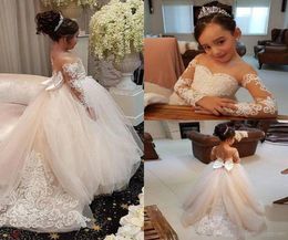 Champagne 2019 Long Sleeve Transparent Lace Ball Gown Gorgeous Appliques Tulle Flower Girl Dress with Bow Pageant Birthday Party W8568462