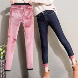 Winter Women Thermal Jeans Snow Warm Plush Stretch Jeans Lady Skinny Thicken Fleece Denim Long Pants Retro Thick Pencil Trousers
