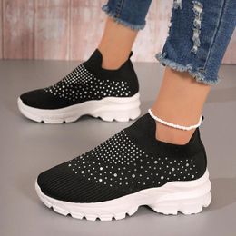 Casual Shoes Versatile Slip-on Lady Sneakers Vulcanised Thick Bottom Breathable Mesh Rhinestone Decorative Sports Women