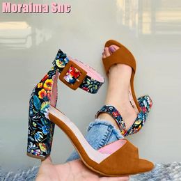 Dress Shoes Suede Vintage Print Peep Toe Sandals Belt Buckle Ankle Strap Block Chunky Heel Women Summer Fashion Mixed Colours Casual