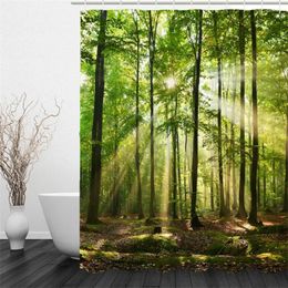 Shower Curtains Forest Scenery Bath Screen Set With Hooks Green Nature Landscape Bathroom Curtain For Home Room Decor