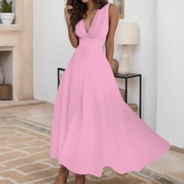 Casual Dresses Sexy Deep V-Neck Tank Long Dress For Women Summer Sleeveless Sloid Colour Maxi Female Elegant Tunic Party Vest