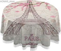 Table Cloth Eiffel Tower Paris Round Tablecloth Romantic Spring Cherry Blossom Table Cloths Cover Washable Polyester Tabletop Runner Decor Y240401
