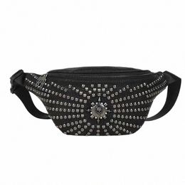 jierotyx Womens Black Studded Bags Faux Leather Waist Bag Fanny Pack Y2K Mey Bum Bag Hip Belt Gothic Style Vintage Rivet W2tT#