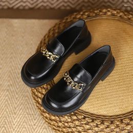 Casual Shoes Metal Chain Small Leather Women 2024 Round Toe Low Heels Loafers Moccasins Two Ways Flats Woman Genuine Oxfords