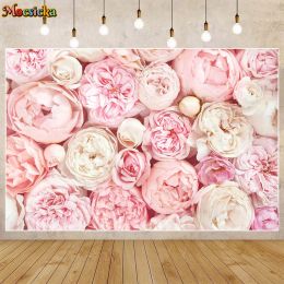 Mocsicka Pink Flower Wall Photo Background Floral Rose Wedding Decorations Baby Portrait Photography Backdrop Photo Studio Props