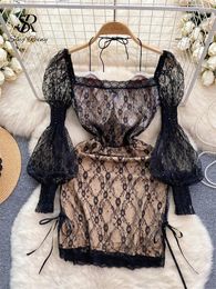 Casual Dresses SINGREINY Ladies Lace Mini Dress 2024 Fashion Squre Neck Puff Sleeves Sheer Floral Sequins Bodycon Elastic Slim Sexy Short