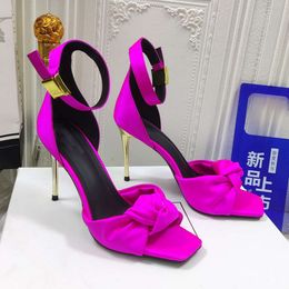 Celebrity Dress High Heels, Silk Satin Elegant Bow Tie, Electroplated Thin Heel Candy Hollow One Line Buckle Sandals