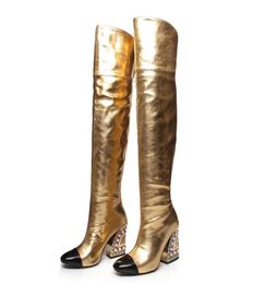 Gold Thigh high Boots Crystal Long Boot Genuine leather Fashion Knight Boots High chunky heel Over the knee Booties Shoes Woman4897893