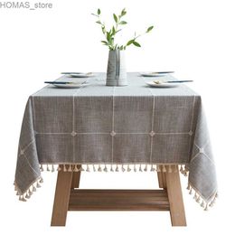 Table Cloth Grey Large Square Embroidery Tassel TableclothCotton Linen Dust-Proof Checkered Table Coverfor Kitchen Dinning Tabletop Decor Y240401