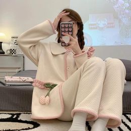 Home Clothing Autumn Winter Spring Solid Color Pajama Sets Women Cotton Bathrobe Long Sleepwear Girl Mujer Night Suits Homewear