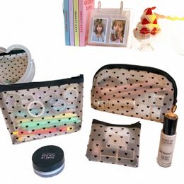 love Transparent Mesh Cosmetic Bag Box Set Cute Zipper Printing Portable Storage Portable Toiletry Bag Statiery Bag for Women z9En#