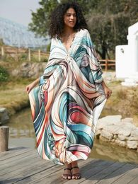 Casual Dresses Chic Printed Hand-knit V-neck Batwing Sleeve Loose Kaftan For Women 2024 Summer Bohemian Vacation Beachwear Dress Q1628