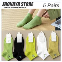 Women Socks 5Pairs Solid Avocado Embroidery Casual Cotton Short For Ladies Concise College Style Breathable Sox Trendy