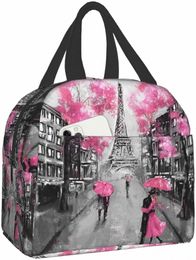 paris Street Eiffel Tower Pink Floral Lunch Bags for Women Boy Girl Reusable Insulated Lunch Box Suitable Travel Work Beach m9l7#