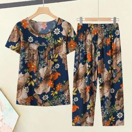 Women's Two Piece Pants 2 Pieces/set Of Tops And Suit Printed O-neck Loose Color-blocked Short-sleeved Retro Wide-leg