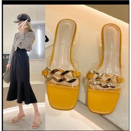 Fashion Flip Flops Sandals Slippers Summer Square Head Female Beach Rubber Transparent Metal Decoration 240322