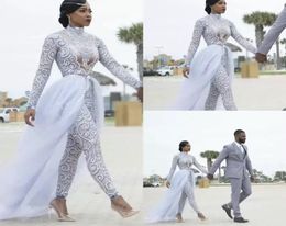 2022 Wedding Dress Gorgeous Jumpsuits With Detachable Train High Neck Beads Crystal Long Sleeves Modest Dresses African Bridal Gow4359128