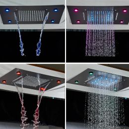 Black LED Thermostatic Bathroom Shower Faucet Set Rain Waterfall Bathtub Shower System Remote Control Colours Ceiling Mounted