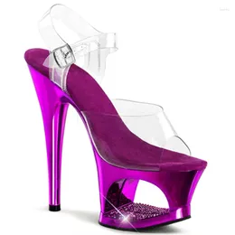 Dance Shoes 17cm Transparent Upper Heels Purple Electroplated Sandals Model Nightclub Performance Dancing