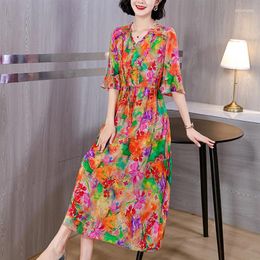Casual Dresses Summer Print Silk Short Sleeve V-Neck Midi Dress Women Korean Suitable On Request 2024 Chic Luxury Elegant Party