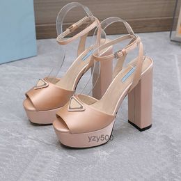 P Fashion Satin Sandals Designer Triangular buckle decoration chunky heels womens shoes Top quality 13cm high heeled Leather sole Platform heel ROMAN Sandal 35 XAC9