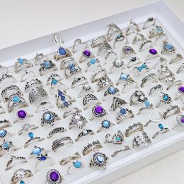 36Pcs/Lot Bohemia Vintage Silvery Rings for Women and Girl Mixed Alloy Crown Flower Finger Ring Charm Jewellery Gift Wholesale