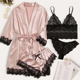Womens Sleepwear Women 4pcs Floral Lace Silk Trim Satin Pyjamas Set With Robe Sexy Nightgown Casual Home Clothes