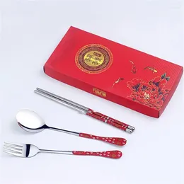 Chopsticks Set Of Red/Blue/White/Green Porcelain Tableware Stainless Steel Spoon Fork Gift Box Portable Travel