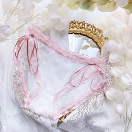 Lolita Bow Transparent Female Panties Thin Mesh See Through Star Print Ruffles Summer Underwear Plus Size 3XL Kawaii Lingeries
