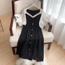 160Kg Plus Size Womens Bust 160 Summer Loose Square Neck Short Sleeve Dress Black 6XL 7XL 8XL 9XL 10XL 240327