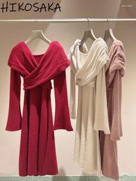 Casual Dresses Cross Kink V-neck Strapless Elegant Women 2024 Spring Japan Style Slim Fit Knit Robe Solid Long Sleeve Midi Vestidos