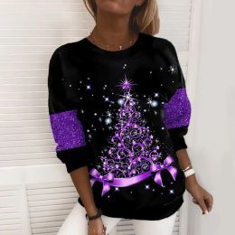 Spring and Autumn Women's Pullover Round Neck Solid Bow Print Rhinestone Long Sleeve Tee T-shirt Hoodies Casual Christmas Tops