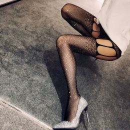 Hot Drilling Bodysuit Erotic Lingerie Women Fishnet Sexy Stockings With Belt Rhinestone Pantyhose Black Mesh Crotchless