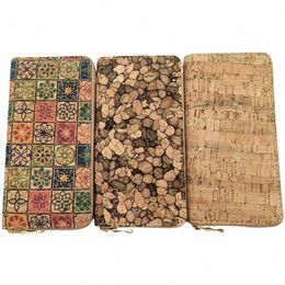 new Portugal Tile Pattern Print Cork Wallet for Women Lg Style Zipper Real Cork Leather Wallet Wholesale 25eq#