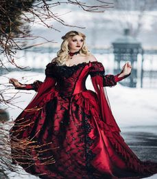2021 Gothic Sleeping Beauty Princess Medieval Red and Black Ball Gown Wedding Dress Long Sleeve Lace Appliques Victorian Bridal Go3218943