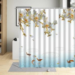 Shower Curtains Chinese Style Flower Plant Koi Scenery Illustrator Bathroom Curtain Waterproof Home Decor Cloth With Hooks