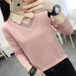 Women Autumn Winter Knitted Pullover Sweaters Lady Casual Long Sleeve Peter Pan Collar Pullover Tops WY1023