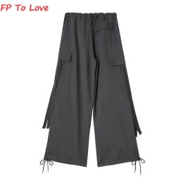 Y2K Pocket Cargo Pants Woman Loose Trousers Wide Leg Hot Pink Sashes Belt Campus PB&ZA Female Yellow Red Grey Black