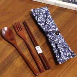 Dinnerware Sets Chinese Chopsticks Tableware Wooden Cutlery With Spoon Fork Cloth Bag Environmentally Friendly Travel Portable