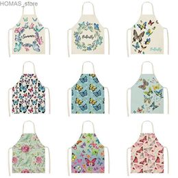 Aprons Butterfly Printed Pattern Kitchen Aprons Cotton Linen For Women Home Cooking Cleaning Baking Waist Bibs Pinafore apron for men Y2404010SHH