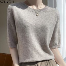 Women 100% Cashmere Sweater T-shirt 2023 New Short Sleeve Pullover Spring O-Neck Basic Jumper For Female Soft Shirt Girl Clothes